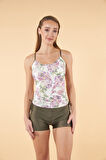 Estiva Büzgülü Çiçek Desenli İnce Akılı Şortlu Tankini Mayo - Haki