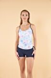 Estiva Büzgülü Çiçek Desenli İnce Akılı Şortlu Tankini Mayo - Lacivert