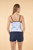 Estiva Büzgülü Çiçek Desenli İnce Akılı Şortlu Tankini Mayo - Lacivert