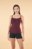 Estiva Büzgülü Çizgi Desenli İnce Akılı Şortlu Tankini Mayo - Bordo