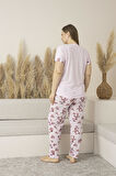 Kadın Yazlık Çiçek Desenli Kısa Kollu Viskon Battal Pijama Takımı - Pembe