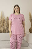 Kadın Yazlık Yıldız Desenli Kısa Kollu Viskon Battal Pijama Takımı
