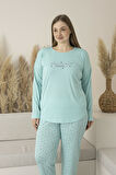 Kadın Yazlık Puantiyeli Uzun Kollu Viskon Battal Pijama Takımı