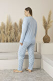 Kadın Yazlık Yıldız Desenli Uzun Kollu Viskon Battal Pijama Takımı