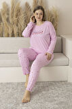 Kadın Yazlık Kalp Desenli Uzun Kollu Viskon Battal Pijama Takımı