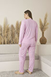 Kadın Yazlık Kalp Desenli Uzun Kollu Viskon Battal Pijama Takımı