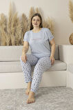 Kadın Yazlık Desenli Uzun Kollu Viskon Battal Pijama Takımı