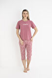 Kadın Yazlık Desenli Kısa Kollu Kaprili Soft Pijama Takımı - Pembe