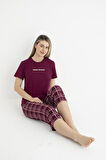 Kadın Yazlık Kereli Kısa Kollu Kaprili Soft Pijama Takımı - Bordo