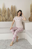 Kadın Yazlık Kareli Kısa Kollu Viskon Pijama Takımı - Pembe