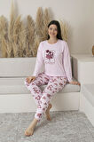 Kadın Yazlık Çiçek Desenli Uzun Kollu Viskon Pijama Takımı - Pembe