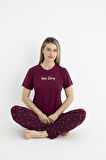 Kadın Yazlık Love Story Yazılı Kısa Kollu Soft Pijama Takımı - Bordo