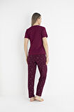 Kadın Yazlık Love Story Yazılı Kısa Kollu Soft Pijama Takımı - Bordo