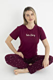 Kadın Yazlık Love Story Yazılı Kısa Kollu Soft Pijama Takımı - Bordo