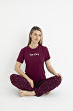 Kadın Yazlık Love Story Yazılı Kısa Kollu Soft Pijama Takımı - Bordo