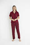 Kadın Yazlık Kareli Önden Düğmeli Kısa Kollu Soft Pijama Takımı - Kırmızı