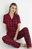 Kadın Yazlık Kareli Önden Düğmeli Kısa Kollu Soft Pijama Takımı - Kırmızı