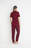 Kadın Yazlık Kareli Önden Düğmeli Kısa Kollu Soft Pijama Takımı - Kırmızı