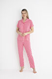 Kadın Yazlık Çizgili Önden Düğmeli Kısa Kollu Soft Pijama Takımı - Pembe