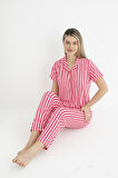 Kadın Yazlık Çizgili Önden Düğmeli Kısa Kollu Soft Pijama Takımı - Pembe