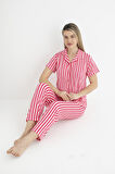 Kadın Yazlık Çizgili Önden Düğmeli Kısa Kollu Soft Pijama Takımı - Pembe