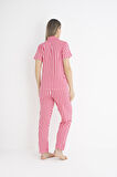 Kadın Yazlık Çizgili Önden Düğmeli Kısa Kollu Soft Pijama Takımı - Pembe
