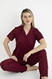 Kadın Yazlık Puantiyeli Önden Düğmeli Kısa Kollu Soft Pijama Takımı - Bordo