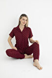 Kadın Yazlık Puantiyeli Önden Düğmeli Kısa Kollu Soft Pijama Takımı - Bordo