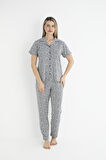 Kadın Yazlık Kaplan Desenli Önden Düğmeli Kısa Kollu Soft Pijama Takımı