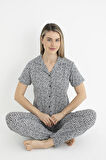 Kadın Yazlık Kaplan Desenli Önden Düğmeli Kısa Kollu Soft Pijama Takımı