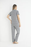 Kadın Yazlık Kaplan Desenli Önden Düğmeli Kısa Kollu Soft Pijama Takımı