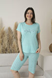 Kadın Yazlık Puantiyeli Kısa Kollu Kaprili Viskon Pijama Takımı