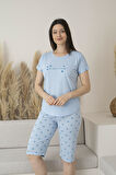 Kadın Yazlık Yıldız Desenli Kısa Kollu Kaprili Viskon Pijama Takımı