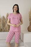 Kadın Yazlık Yıldız Desenli Kısa Kollu Kaprili Viskon Pijama Takımı