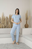 Kadın Yazlık Yıldız Desenli Kısa Kollu Viskon Pijama Takımı