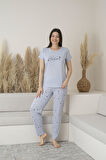 Kadın Yazlık Kalp Desenli Kısa Kollu Viskon Pijama Takımı