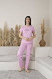 Kadın Yazlık Kalp Desenli Kısa Kollu Viskon Pijama Takımı