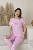 Kadın Yazlık Kalp Desenli Kısa Kollu Viskon Pijama Takımı