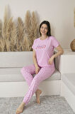 Kadın Yazlık Kalp Desenli Kısa Kollu Viskon Pijama Takımı