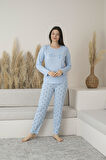Kadın Yazlık Yıldız Desenli Uzun Kollu Viskon Pijama Takımı