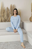 Kadın Yazlık Yıldız Desenli Uzun Kollu Viskon Pijama Takımı