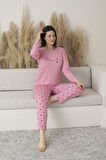 Kadın Yazlık Yıldız Desenli Uzun Kollu Viskon Pijama Takımı