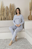 Kadın Yazlık Kalp Desenli Uzun Kollu Viskon Pijama Takımı