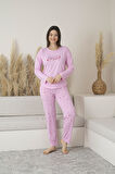 Kadın Yazlık Kalp Desenli Uzun Kollu Viskon Pijama Takımı