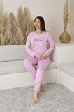 Kadın Yazlık Kalp Desenli Uzun Kollu Viskon Pijama Takımı