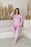 Kadın Yazlık Kalp Desenli Uzun Kollu Viskon Pijama Takımı