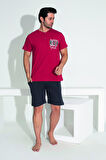Erkek Yazlık Run Baskılı Kısa Kollu Düğmeli Şortlu Penye Pijama Takımı