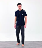 Erkek Yazlık Desenli Kısa Kollu Düğmeli Penye Pijama Takımı