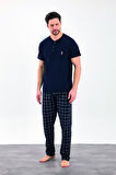 Erkek Yazlık Kareli Kısa Kollu Düğmeli Penye Pijama Takımı