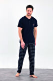 Erkek Yazlık Kareli Kısa Kollu Düğmeli Penye Pijama Takımı